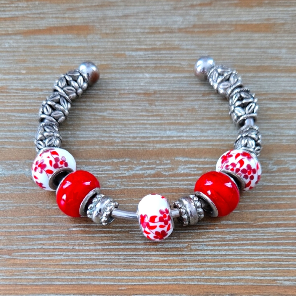 Pretty Silver and Red/White Beaded Bracelet